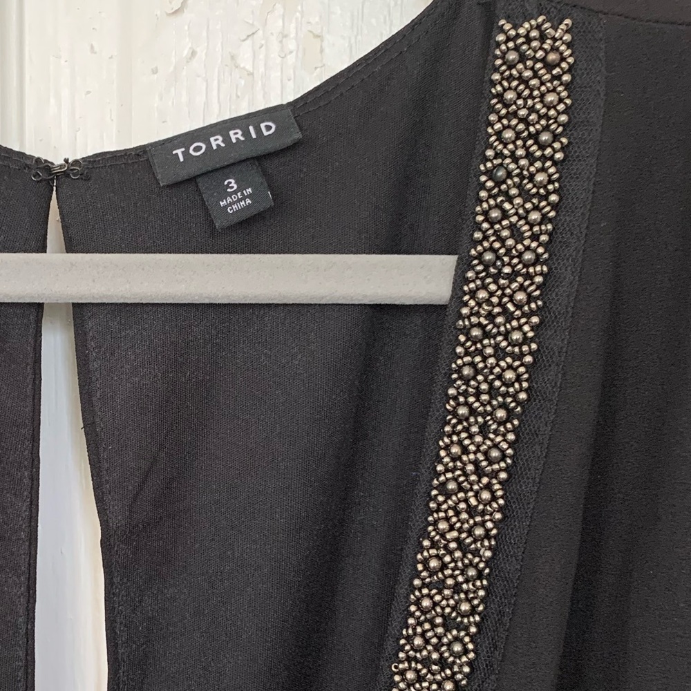 Torrid Black Crepe & Chiffon Romper with Gold Trim, Size 3 - Picture 2 of 6